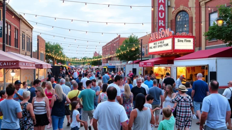 Families enjoying live music at Marysville Ohio's summer street festival with string lights, food trucks, and historic Avalon Theatre marquee