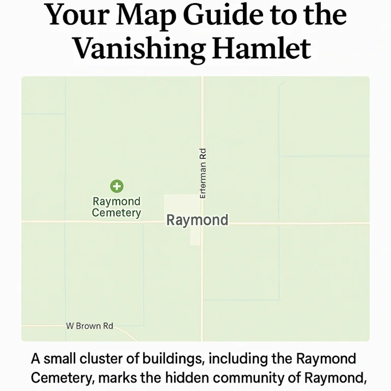 Digital map showing Raymond, Ohio, with labeled roads and the Raymond Cemetery marked in Union County.