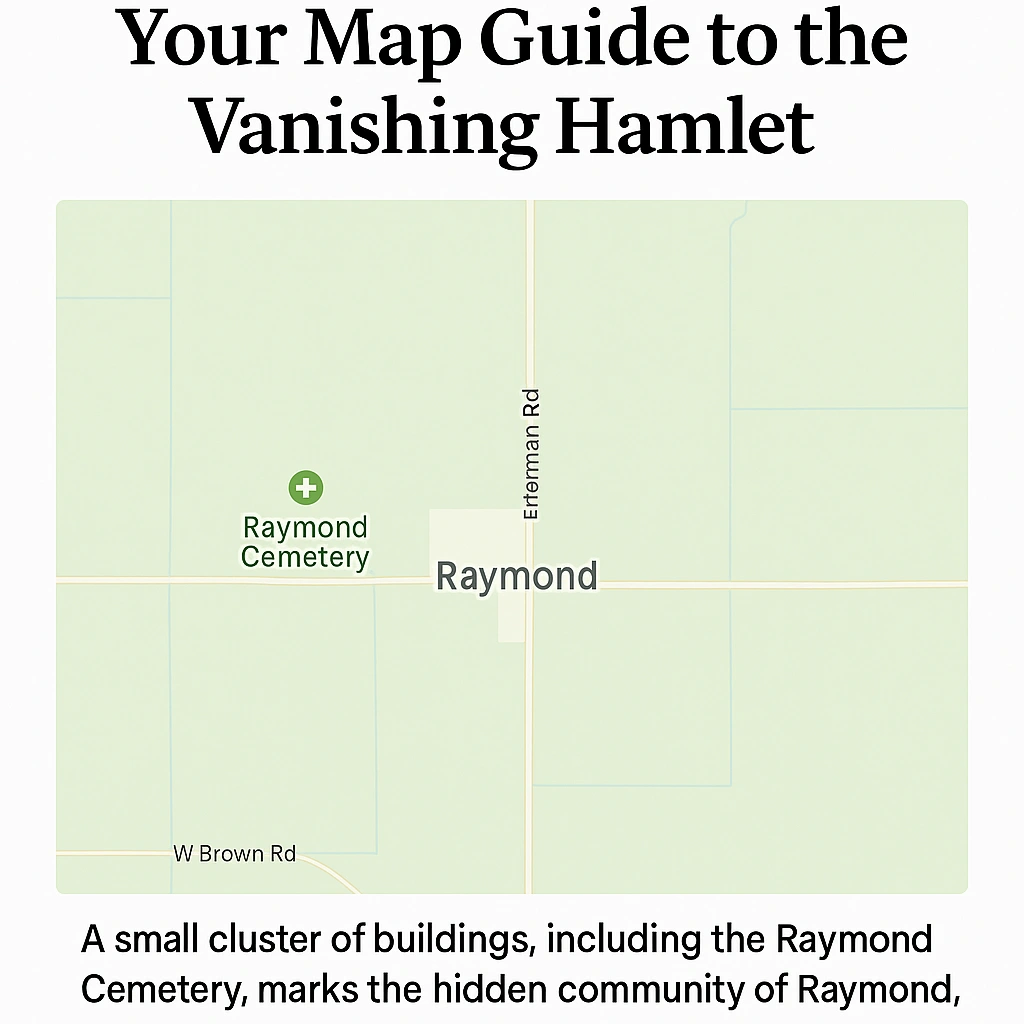 Digital map showing Raymond, Ohio, with labeled roads and the Raymond Cemetery marked in Union County.