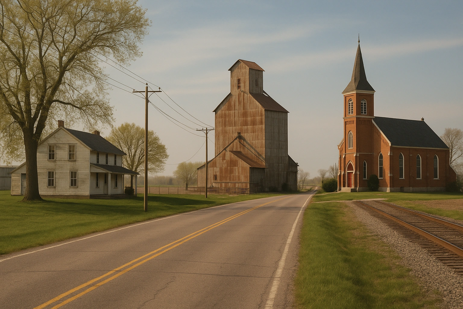 "Golden-hour view down a quiet country road in Raymond, Ohio, featuring vintage farmhouses, a red grain elevator towering over cornfields, and the steeple of Raymond Methodist Church under a dramatic sunset sky.