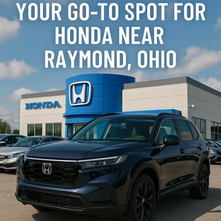 Honda Marysville dealership exterior near Raymond Ohio, with new Honda cars and SUVs displayed outside modern showroom at 640 Colemans Crossing Blvd