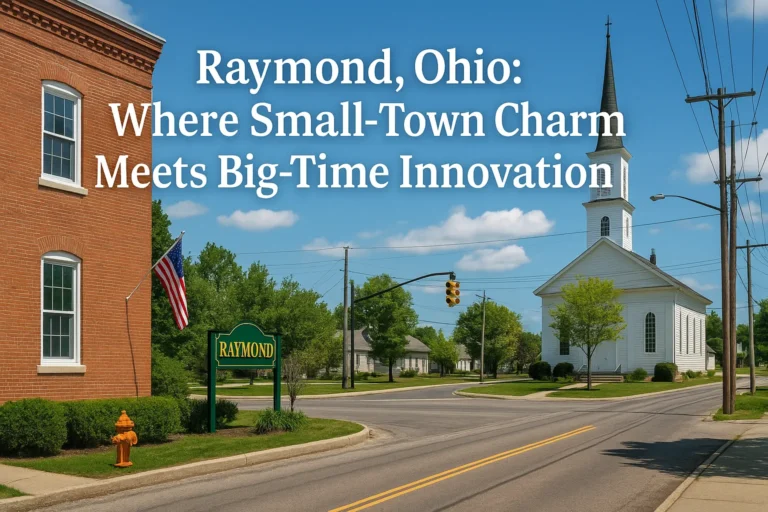 A scenic view of Raymond, Ohio, showcasing its small-town charm with a welcoming sign that reads 'Raymond, Ohio: Where Small-Town Charm Meets Big-Time Innovation.
