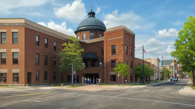 Historic Union County Courthouse in Marysville, Ohio - brick facade with white columns and clock tower, housing Clerk of Courts offices serving Raymond residents