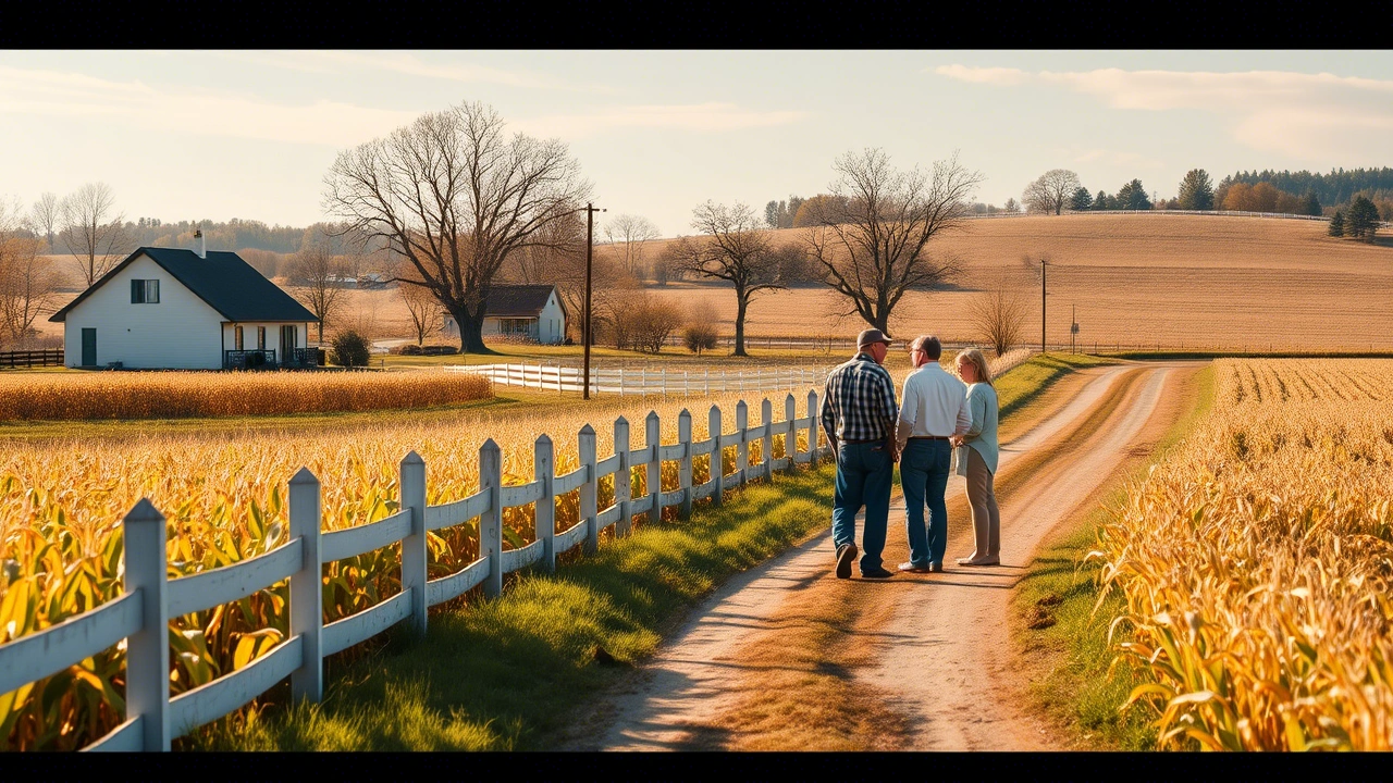 Three neighbors chat on a rural dirt road lined with cornfields in Raymond, Ohio, with white fences and farmhouses in the background.