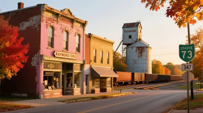 : Historic storefronts along Main Street in Raymond, Ohio at golden hour, with a vintage railroad crossbuck and fields in the distance.