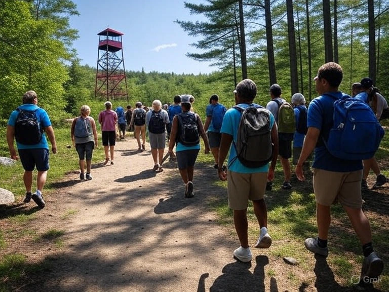 Group of hikers walking on a sunny forest trail toward a historic fire lookout tower in Pawtuckaway State Park, New Hampshire.