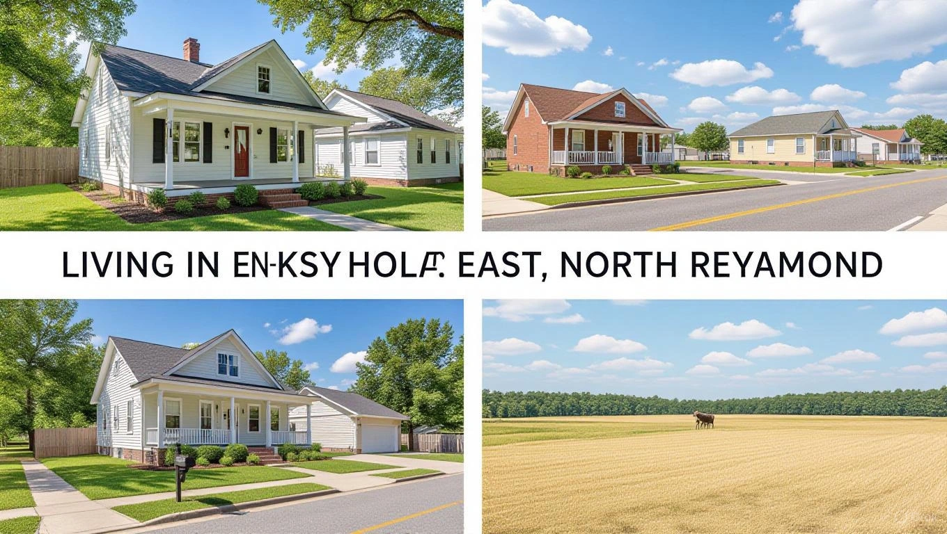 Collage of affordable housing in Raymond, MS, featuring suburban homes in East Raymond and North Raymond neighborhoods with green yards and open fields under blue skies