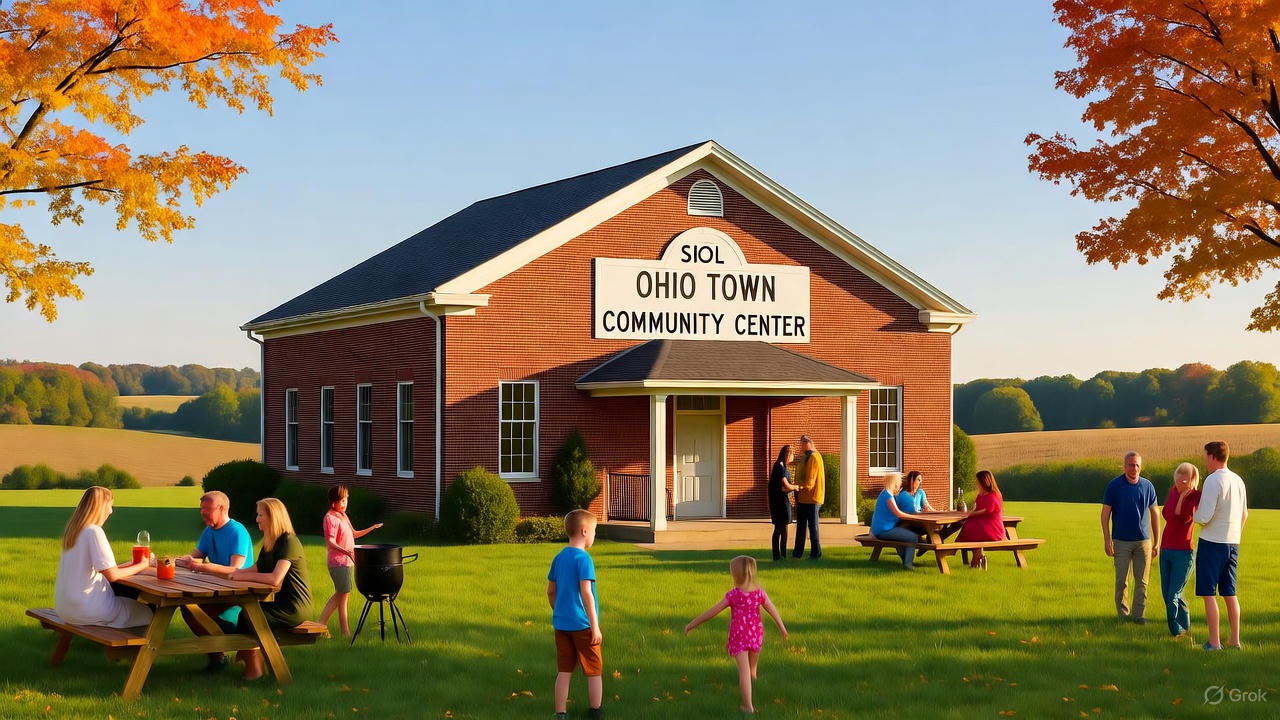 A vibrant scene at the Raymond Community Center, a red-brick building nestled in rolling Ohio farmlands with autumn trees in golden hues. People gather for a barbecue and children play on the lush green lawn, capturing the warm, tight-knit community spirit of Raymond, Ohio.