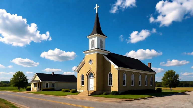 Serene church scene in Raymond, Ohio, with small-town street and welcoming sign under blue sky.