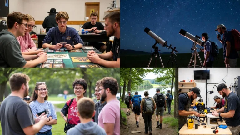 Collage showing Raymond, Nebraska residents enjoying local clubs and hobby groups: tabletop gaming nights with Magic: The Gathering and Dungeons & Dragons, stargazing at Branched Oak Observatory, weekend hiking groups at Branched Oak Lake, casual social meetups, and hands-on making at UNL Innovation Studio in Lincoln, NE.