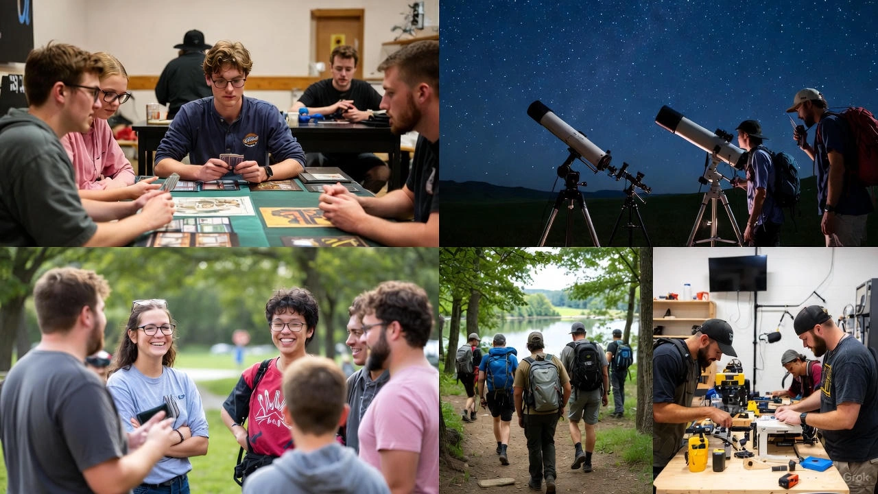 Collage showing Raymond, Nebraska residents enjoying local clubs and hobby groups: tabletop gaming nights with Magic: The Gathering and Dungeons & Dragons, stargazing at Branched Oak Observatory, weekend hiking groups at Branched Oak Lake, casual social meetups, and hands-on making at UNL Innovation Studio in Lincoln, NE.