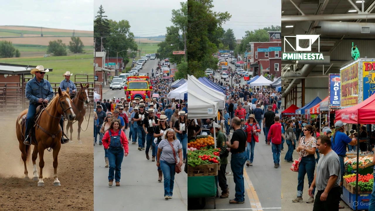 Collage of annual events in Raymond, Alberta and Minnesota, featuring cowboys on horseback at a rodeo, a colorful parade with performers, and bustling farmers markets with fresh produce and crowds.