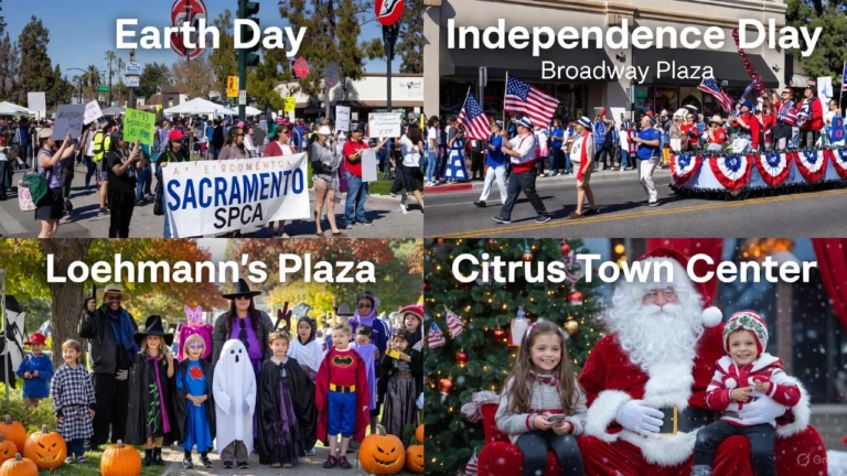 Collage of four community events in Raymond: Top-left shows people at an Earth Day event holding Sacramento SPCA signs; top-right depicts an Independence Day parade with a decorated float and American flags at Broadway Plaza; bottom-left features children in Halloween costumes posing with pumpkins at Loehmann’s Plaza; bottom-right illustrates Santa Claus sitting with smiling kids near a Christmas tree at Citrus Town Center.