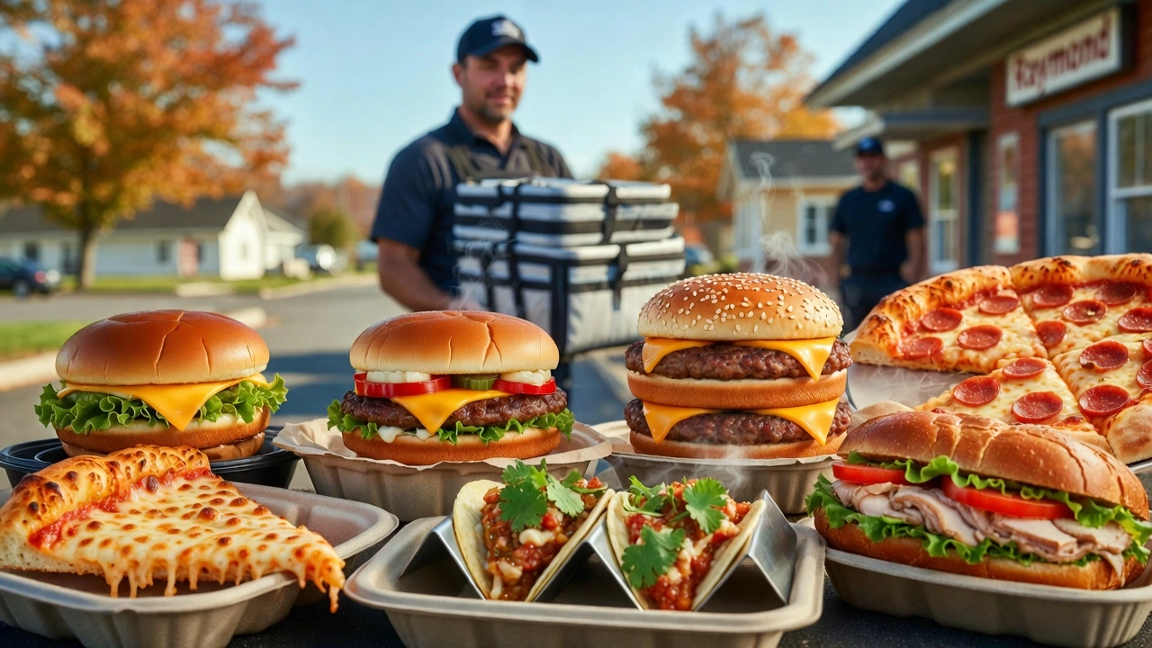 Assortment of fresh takeout food including burgers, pizza, tacos, and salads from local spots like McDonald's, Portland Pie, and A La Mexicana, displayed with Uber Eats delivery bags in a scenic Raymond, Maine background near Good Life Market.