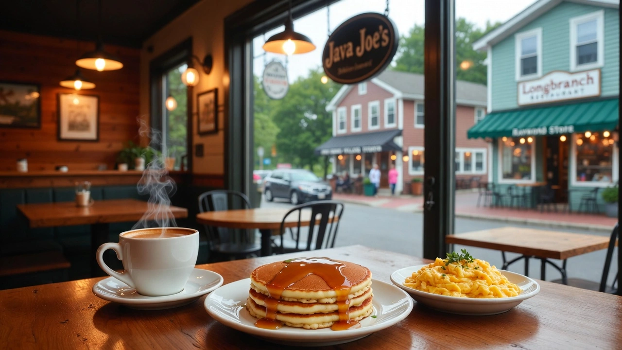 Cozy cafe table in Raymond with steaming coffee, syrup-drizzled pancakes, and scrambled eggs, overlooking Java Joe's and Longbranch Restaurant on a quaint street.