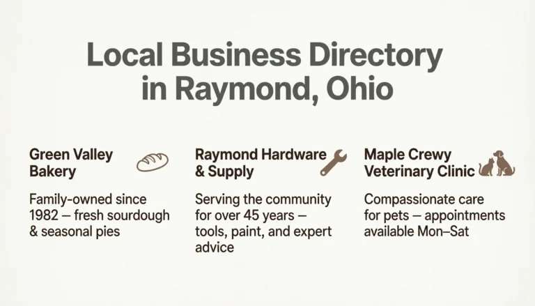 Local Business Directory in Raymond, Ohio featuring Green Valley Bakery with bread icon, Raymond Hardware & Supply with wrench icon, and Maple Crewy Veterinary Clinic with cat and dog icons, each with business descriptions