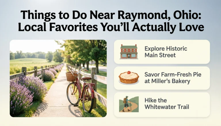 Historic red Pottersburg Covered Bridge with blue sky and green farmland in Union County Ohio near Raymond