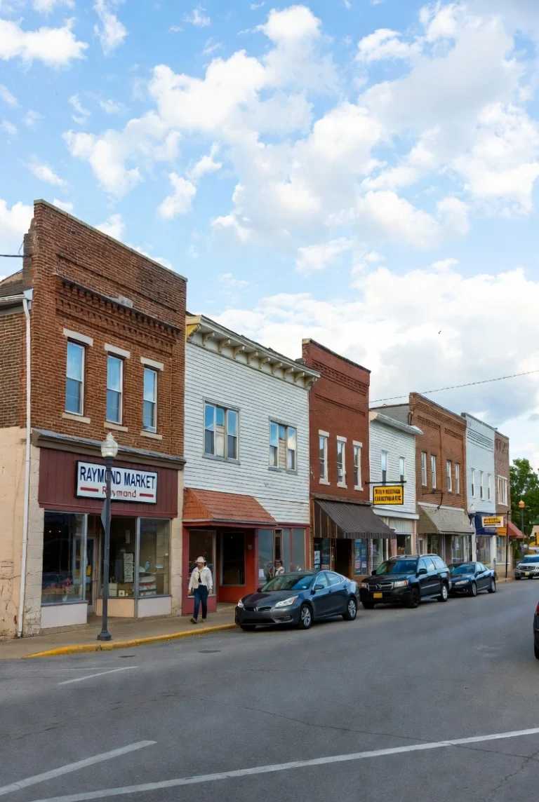 Realistic view of the Raymond Mercantile store, a local business in the small town of Raymond, Ohio, featuring a quaint building with a garage door, old gas pump, and rural surroundings.