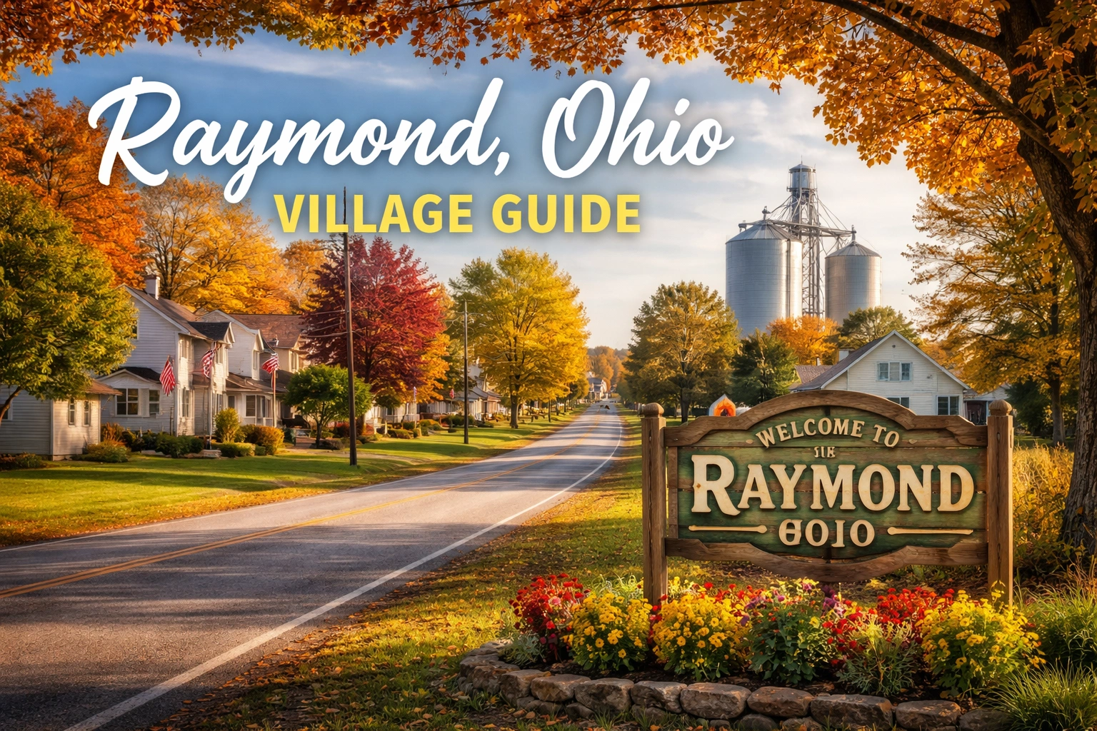 Scenic autumn view of Raymond Ohio village with country road, homes, and grain elevator